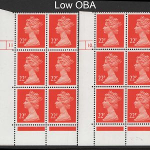 #601 GB Machin Cyl blocks  Machin 22p orange-red ACP/PVAD low OBA cyl 10 dot, + 11 no dot MCC£35