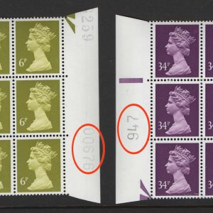 #602 GB Machin Cyl blocks  Machin 34p reddish-violet Warrant block '947', + 6p olive-yellow '00676'