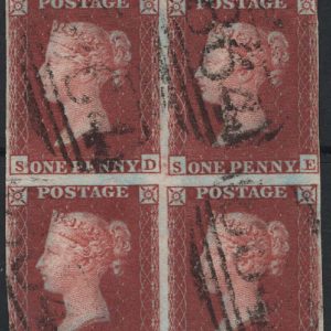 #132 GB 1841 1d deep red-brown plate 166 SD-TE fu blk of 4, 4 mostly good margins, just into on TD sg10