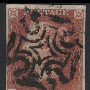 #078 GB 1841 1d red plate 28 OJ gu, 4 margins, tiny thin sg8