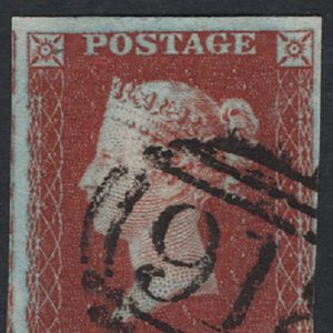 #091 GB 1841 1d red plate 44 DE break over P variety, 3¾ margins, otherwise vfu sg8