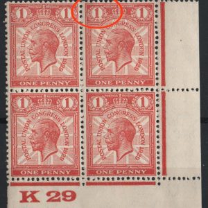 #457 GB 1929 PUC 1d - the r19/12 broken wreath variety in um K29 corner blk of 4 sg435var Spec NCom6d c£200++