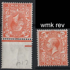 #418 GB 1912 2d orange die I wmk inverted & reversed um sg368wk, also 2d orange-yellow wmk reversed um sg366wj