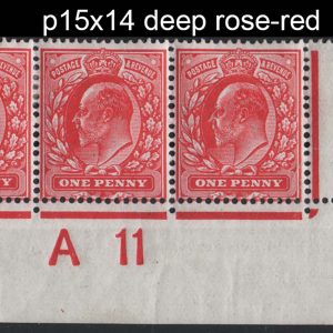 #384 GB 1911 1d rose-red (deep shade) perf 15x14 A11 corner strip of 3 f mint, 1x um, sg280 c£155 as singles, or £325 if deep rose-red Spec M7(2)