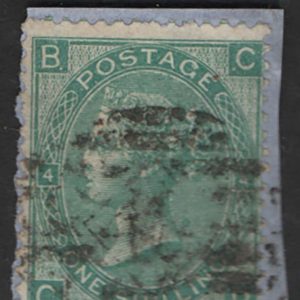 #237 GB 1865 1s deep green plate 4 wmk emblems vgu on piece sg100 c£180