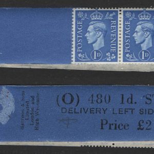 #479 GB 1951 New colours 1d wmk sideways fine O480 coil leader #10 with 3 stamps attached sg504a um