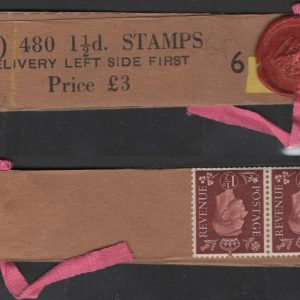 #469 GB 1937 Dark colours 1½d wmk sideways N480 coil leader #6 with 2 stamps attached sg464a um leader not contiguous c£60