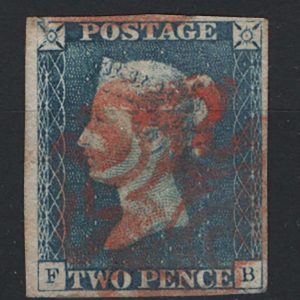 #062 GB 1840 2d pale blue plate 1 FB, worn plate, small fault top left corner otherwise vfu with 4 good margins sg6