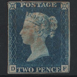 #058 GB 1840 2d blue plate 1 DF fu with 4 margins sg5, indistinct red MX