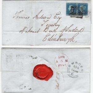 #137 GB 1841 2d blue plate 3 SB vgu on piece, 3 huge margins incl part of SA, prominent dot by S-square, sg14