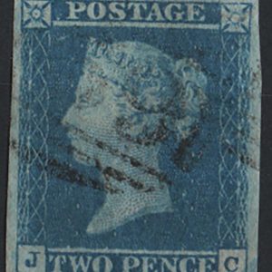 #136 GB 1841 2d blue plate 3 JC vfu 4 good margins, NE square splayed out & break in frame - plate breaking? Sg14