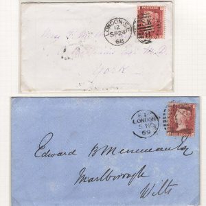 #204 GB 1858 1d plate 97 fu on cover, ditto plate 105 sg43