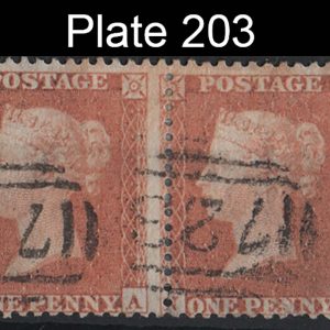 #177 GB 1854 1d pale yellow-brown die 1 small crown perf 14 vfu pair plate 203 IA-IB sg22 Spec C2(2) c£200