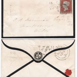 #167 GB 1854 1d red-brown die 1 small crown perf 14 fu on 1853 mourning cover, Clevedon to Marlborough, sg22 (Plate R4 BK) Spec C2 c£180++