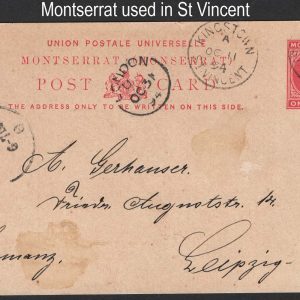 #641 Montserrat 1894 1d postal card (crease) used in St Vincent to Germany via London, Kingstown St Vincent cds