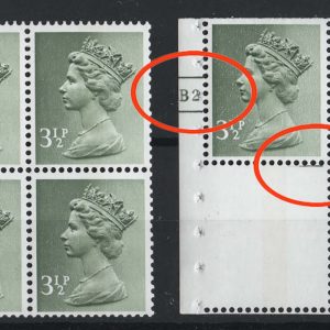 #526 GB 1971 Machin 3½p CB PVAD cyl pane without line at top right of label good perfs + with line at top of label, av perfs sgX859 um