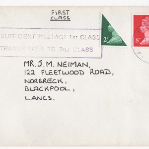 #531 GB 1977 Machin 8p 2B + bisected 2p on cover to make 9p rate boxed "insufficient postage 1st class/transferred to 2nd class" marking tying 2p