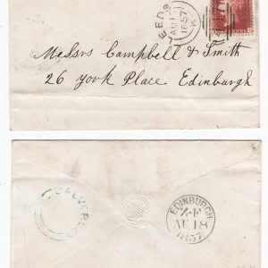 #192 GB 1854 1d red sg40 vfu on 1857 cover to Edinburgh, Leeds sideways duplex cds, CALVERLEY d/arc in green & Edinburgh code Z-F receiver on back