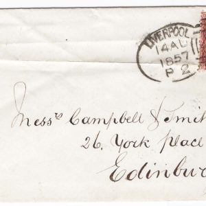 #191 GB 1854 1d red sg40 on 1857 cover to Edinburgh, fine Liverpool code P2 spoon, Edinburgh P-F receiver on back, horiz crease