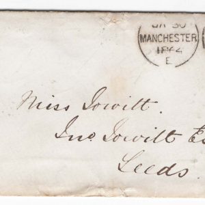 #195 GB 1854 1d red plate 67 NJ, sg40 on 1864 cover to Leeds, Manchester duplex