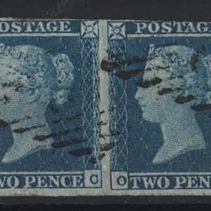 #144 GB 1841 2d deep full blue plate 4 OC-OD pair fu, 3½ margins, Irish cancels sg15