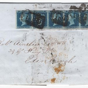 #141 GB 1841 2d blue plate 4 RA-RE strip of 5 used, good margins all round on 1853 entire to Edinburgh sg14