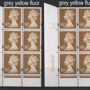 #590 GB Machin Cyl blocks  Enschedé 50p ochre 2B grey-yellow fluor cyl 2 & 2 dot MCC£24