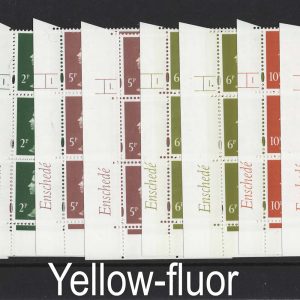 #594 GB Machin Cyl blocks  Enschedé yellow fluor: 1p cyl 1 & 1 dot, 2p 1 dot, 5p 1 & 1 dot, 6p 1 & 1 dot, 10p, 1 & 1 dot - all v fine