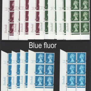 #591 GB Machin Cyl blocks  Enschedé blue fluor: 1p cyl 1 & 1 dot both blue & white gum, ditto 2p and 4p in same group of 4 - all v fine, also 4p 1 dot cream gum MCC£43 - all v fine