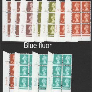 #593 GB Machin Cyl blocks  Enschedé blue fluor: 5p cyl 1 & 1 dot blue gum + 1 dot white gum, 6p 1 & 1 dot, 10p 1 & 1 dot blue gum, + 10p 1 dot white gum, then 20p 1 & 1dot violet tint + 20p no dot white tint MCC£56 - all v fine