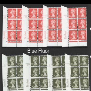 #592 GB Machin Cyl blocks  Enschedé blue fluor: 25p cyl 1 & 1 dot blue gum, ditto white gum, 30p 1 & 1 dot blue gum, then 30p 1 dot white gum violet tint, then 30p blue gum 1 no dot with both blue and white tint MCC£57 - all v fine