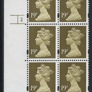 #596 GB Machin Cyl blocks  Harrison elliptical 19p CB yellow fluor cyl 2 no dot MCC£125