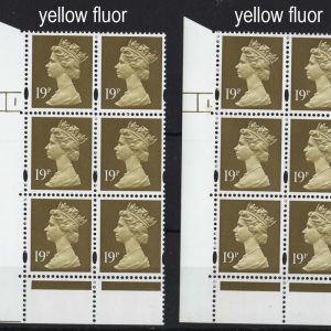 #595 GB Machin Cyl blocks  Harrison elliptical 19p CB yellow fluor cyl 1 and 1 dot MCC£25