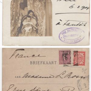 #655 Netherlands Indies 1904 Postcard to Paris franked 3c + 5c, interesting Deli-Sumatra cachet