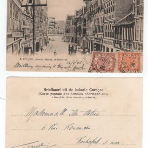#651 Netherlands Antilles 1906 Attractive street scene postal card from Curaçao to France franked 2c + 3c on obverse
