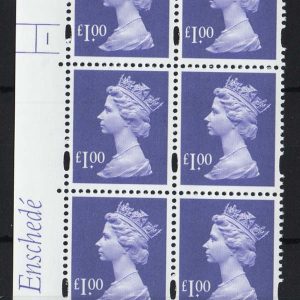 #580 GB Machin Cyl blocks  Enschedé £1 bluish-violet, blue gum, blue fluor cyl 1 no dot