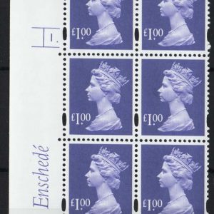 #579 GB Machin Cyl blocks  Enschedé £1 bluish-violet, blue gum, blue fluor cyl 1 dot