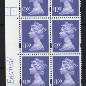 #582 GB Machin Cyl blocks  Enschedé £1 bluish-violet, creamy-blue gum, blue fluor cyl 1 no dot