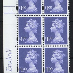 #584 GB Machin Cyl blocks  Enschedé £1 bluish-violet, white gum, blue fluor cyl 1 no dot