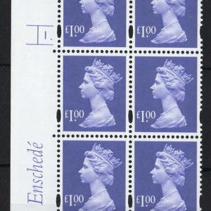#583 GB Machin Cyl blocks  Enschedé £1 bluish-violet, white gum, blue fluor cyl 1 dot