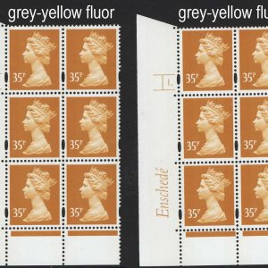 #585 GB Machin Cyl blocks  Enschedé 35p deep yellow, perf RE, grey-yellow fluor cyl 1 dot and no dot
