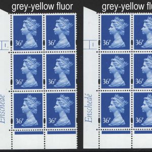 #586 GB Machin Cyl blocks  Enschedé 36p ultramarine, perf RE, grey-yellow fluor cyl 1 dot and no dot