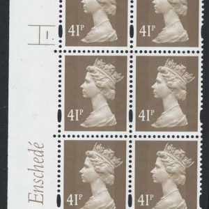 #588 GB Machin Cyl blocks  Enschedé 41p drab, blue fluor, creamy-blue gum cyl 1 dot