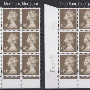 #587 GB Machin Cyl blocks  Enschedé 41p drab, blue fluor (non-patchy), blue gum cyl 1 dot & 1 no dot