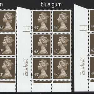 #589 GB Machin Cyl blocks  Enschedé 43p chocolate, blue fluor, blue gum cyl 1 dot & 1 no dot, also cyl 1 dot white gum (scarce)