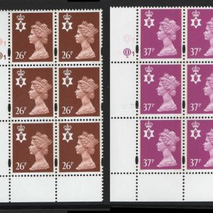 #604 GB Machin Cyl blocks  Northern Ireland Questa Litho cyl Q1Q1: 20p CB, 26p red-brown, 37p, 63p MCC£40+