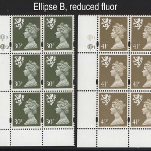 #608 GB Machin Cyl blocks  Scotland Questa 30p cyl Q3Q3 ellipse, B reduced fluor, ditto 41p Q1Q1 MCC£27