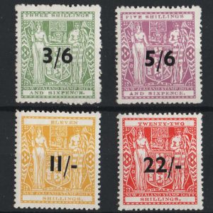 #670 New Zealand 1940 Arms postal fiscals 3/6 on 3/6d type 1, 5/6 on 5/6d, 11/- on  11s, 22/- on 22s f mint, sgF212, etc c£730