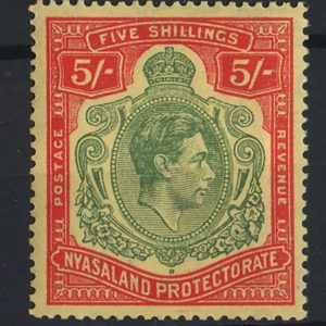 #687 Nyasaland 1938 5s green & red/pale yellow, ordinary paper sg141a vf mint