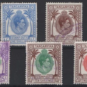 #618 Kenya Uganda Tanganyika 1938 KG6 (Tanganyika) Stamp Duty 1s, 2s, 5s, 10, 20s g-fu Barefoot 4-8 c£68